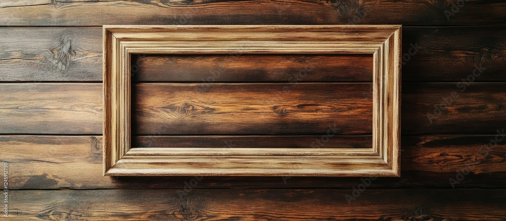 Poster Rustic wooden plank wall with empty photo frame mockup ideal for text design and message placement in an inviting interior setting.