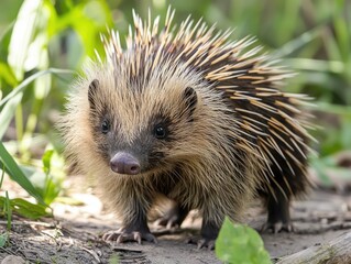 Close-up of a cute young Hedgehog looking at the camera with leaves on the ground