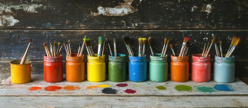 Colorful paint jars with brushes arranged on a rustic wooden table showcasing vibrant hues for artistic inspiration and creativity. - Powered by Adobe