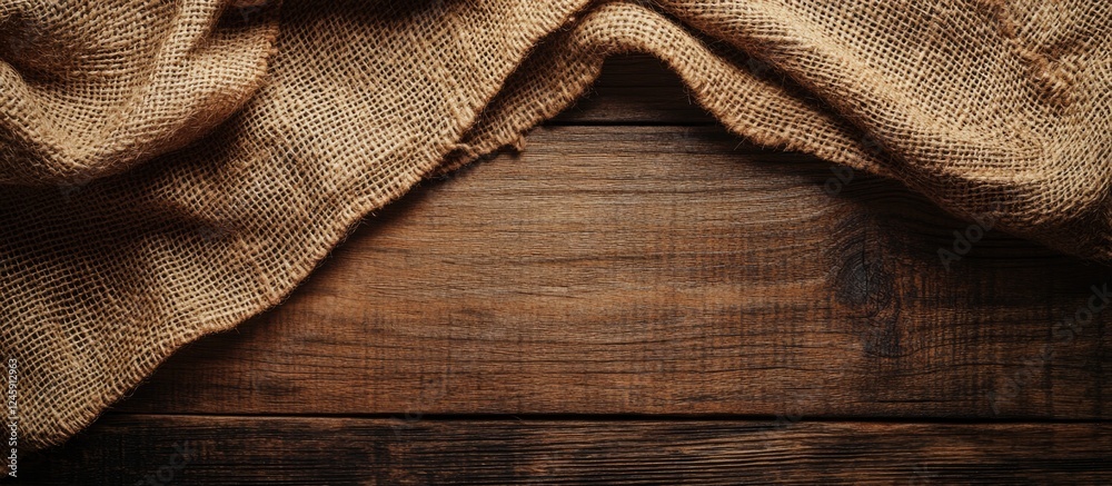Poster Textured burlap fabric draped on rustic wooden surface creating a natural and earthy background ideal for design projects