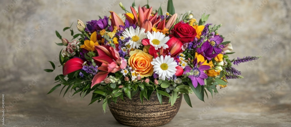 Aufkleber vibrant assorted floral bouquet arranged elegantly in a woven basket creating a joyful and colorful 