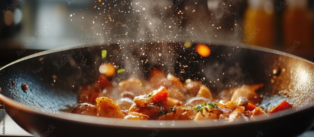 Poster fried aromatic champignons in a shiny frying pan with herbs and spices creating a delicious culinary