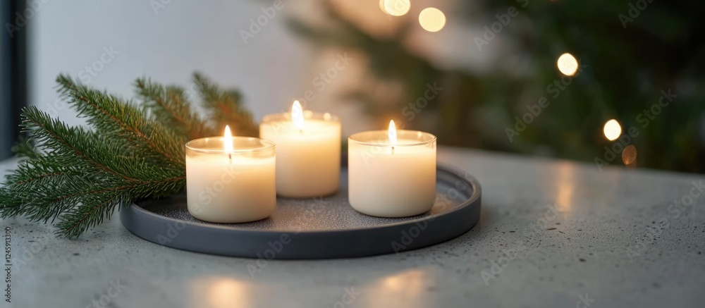 Poster cozy christmas scene with burning candles on a tray and fir branches in a softly blurred festive bac
