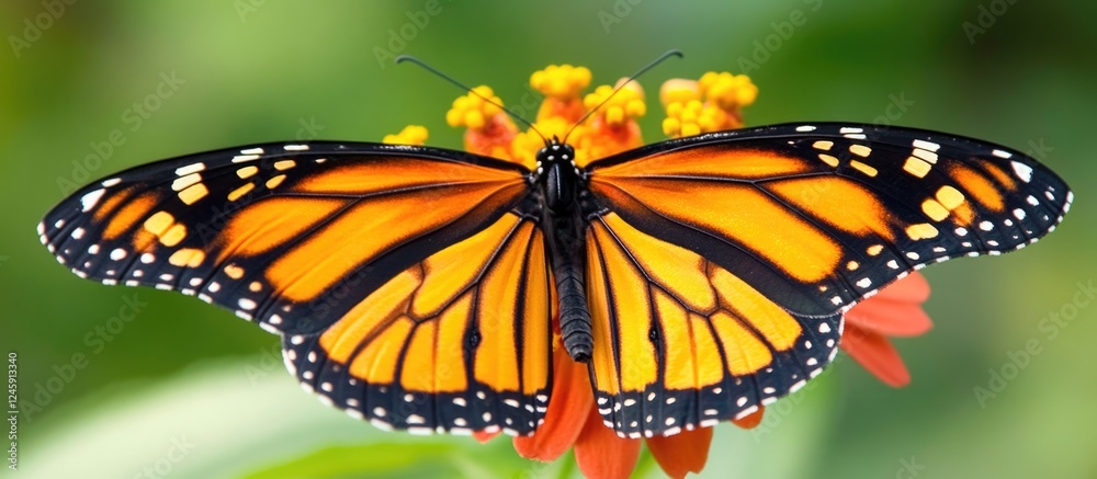 Poster colorful butterfly perched on vibrant flower against blurred background with space for text and desi