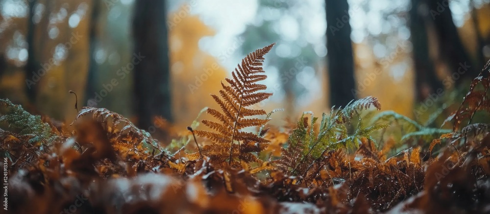 Poster fern leaves with dew on autumn forest floor capturing a serene glade view showcasing natural beauty 