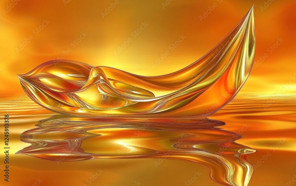 Wall mural yellow and orange abstract background with shiny object and papaya fractal reflections