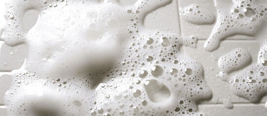 Foamy soap detergent bubbles on a tiled bathroom floor showcasing cleaning and washing process in a top view perspective.