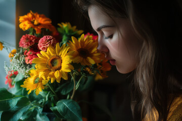 Naklejka premium Woman smells bouquet of sunflowers with zinnia flowers arranging in vase at home. Lady enjoys fresh blooms. Interior