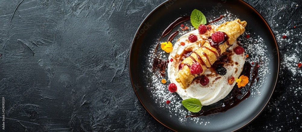 Poster indulge in a luxurious cannoli dessert with fresh berries and cream on a dark background with space 