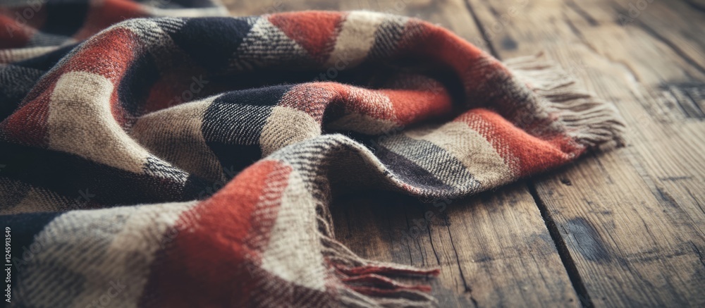 Poster checkered fabric draped on rustic wooden surface creating a warm and inviting atmosphere for textile