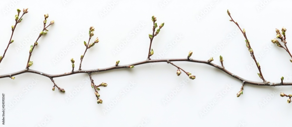 Poster delicate branches with budding leaves arranged on a clean white background symbolizing renewal and the arrival of spring