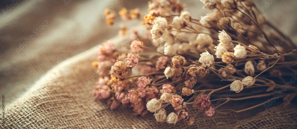 Poster Bouquet of dried flowers on burlap background with selective focus and a soft, warm tone creating a rustic and vintage ambiance.