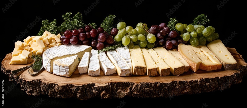 Poster assorted gourmet cheeses and fresh grapes arranged on a rustic wooden board against a dark backgroun