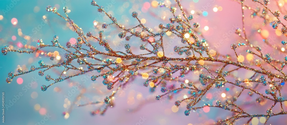 Poster Christmas tree branches adorned with glitter and lights on a pastel background creating a festive and whimsical holiday atmosphere