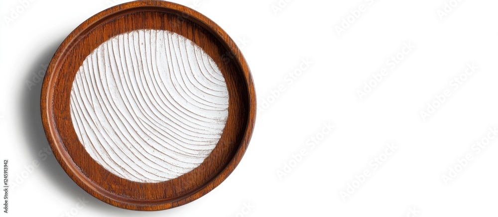 Poster abstract wooden tray featuring a circular white plaster design with textured lines against a white b