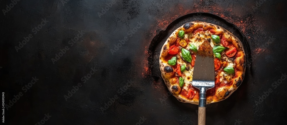 Poster artisan wood-fired pizza on a rustic shovel against a dark backdrop, featuring vibrant toppings and 
