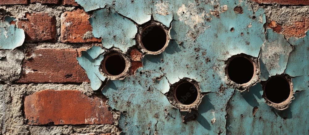 Aufkleber textured wall with bullet holes showcasing weathered bricks and chipped paint in an urban setting hi