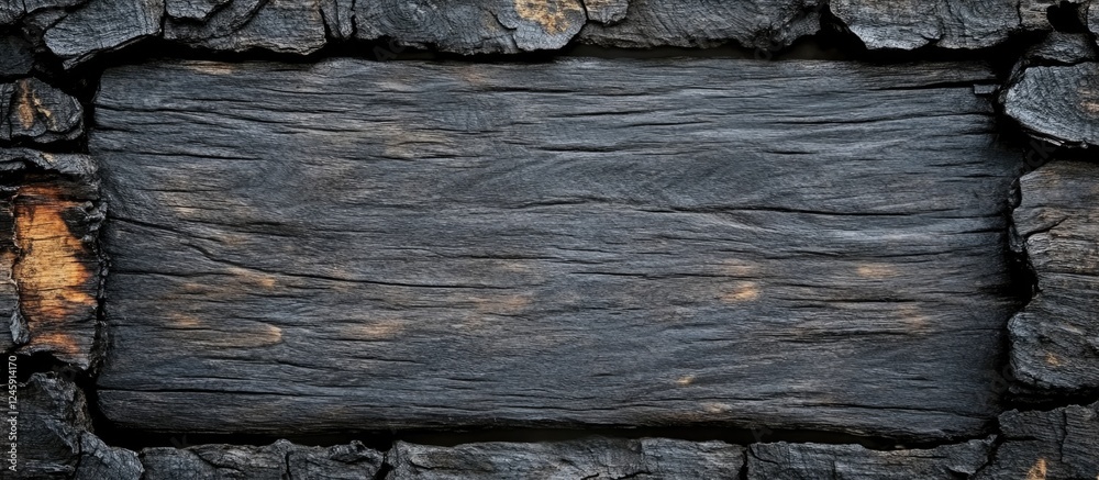 Aufkleber Charred wooden background with rustic frame and charcoal texture ideal for text placement or graphic design projects