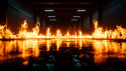Fototapeta premium dramatic scene featuring flames rising from reflective surface in industrial setting, creating striking contrast with dark surroundings. atmosphere is intense and captivating