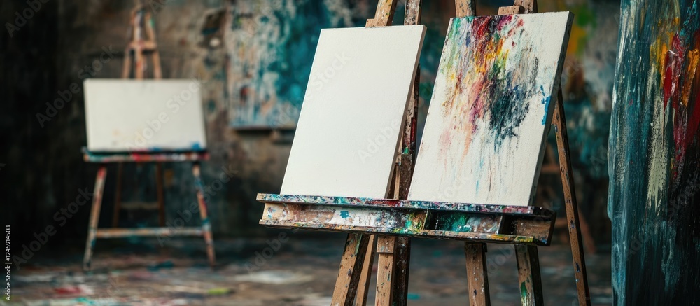 Aufkleber Canvas on easels in an artist studio with vibrant paint splatters and empty space for creative text or design concepts.