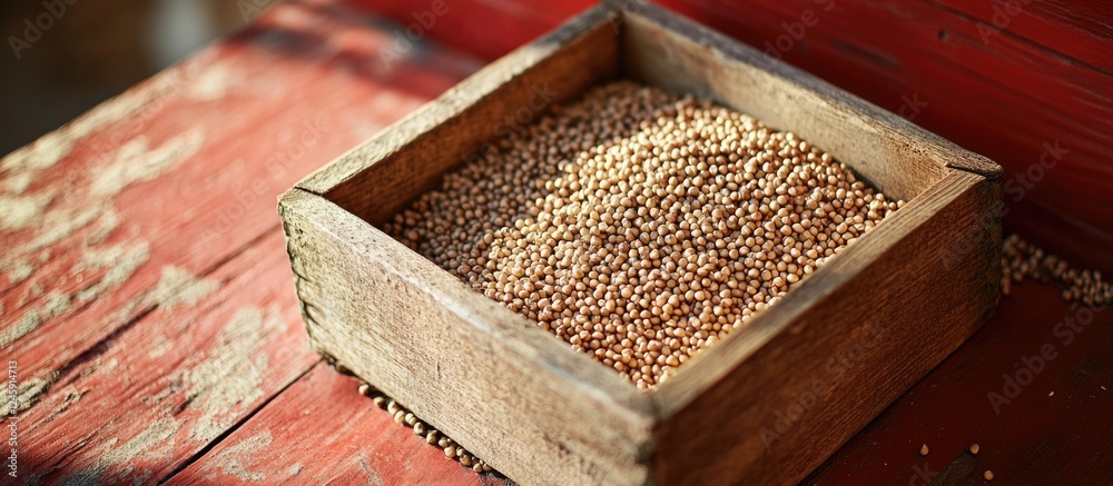 Poster buckwheat grains displayed in a rustic wooden box on a vibrant red wooden table background