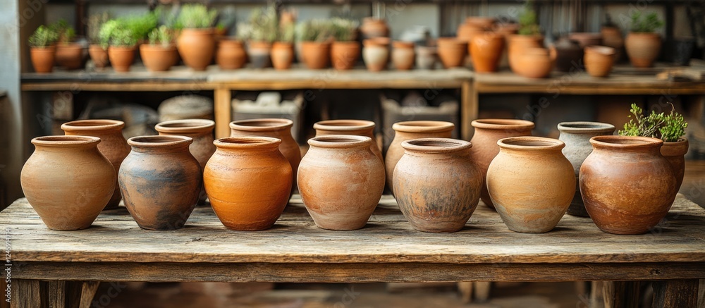 Aufkleber traditional spanish pottery showcasing handmade ceramic pots on a rustic wooden table in a workshop 