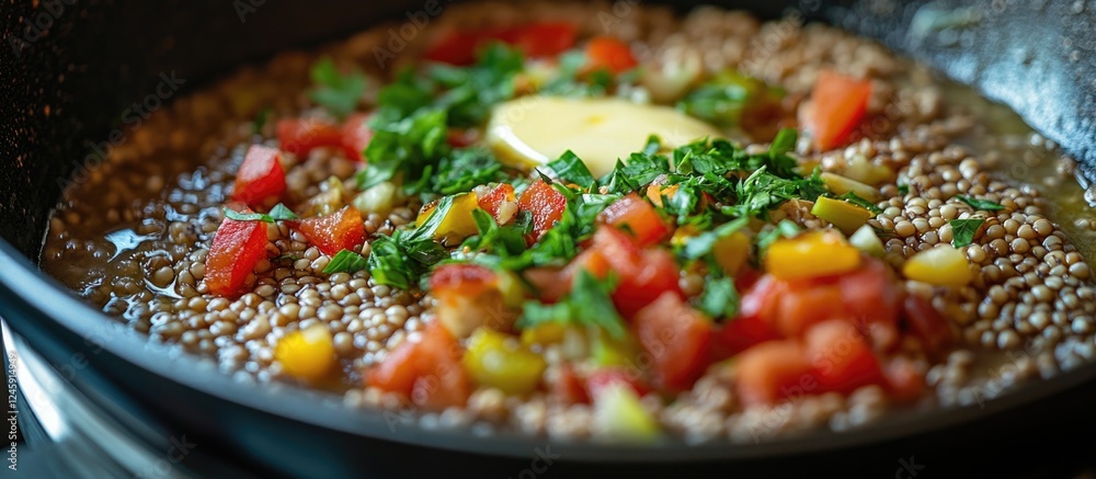 Poster nutritious buckwheat cooked with butter and fresh vegetables in a pot showcasing vibrant colors and 