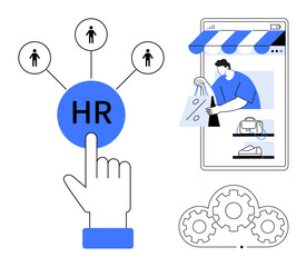 Hand pointing to HR button linked to user profiles. Adjacent online shopping interface with human figure. Lower gears represent processes. Ideal for human resources, e-commerce, online shopping
