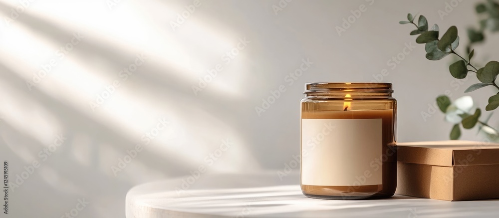 Aufkleber Candle Jar with Packaging Box in Bright Studio Mockup for Branding and Design High Quality Photo Featuring Empty Space for Text