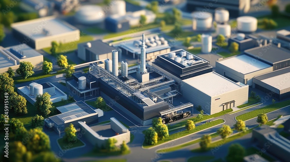 Poster Aerial perspective of a manufacturing facility with interconnected sensor nodes, showcasing the efficiency and speed of 5G networks in real-time data transmission