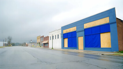 Main street with abandoned stores image showing small business crisis in town impact of economic recession on entrepreneurship photorealistic photo concept as A photorealistic image of a main street w
