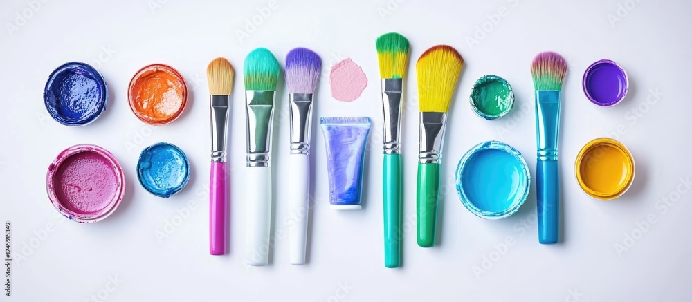 Poster Artistic brushes and colorful paints arranged on a white background for creative design and craftsmanship concepts
