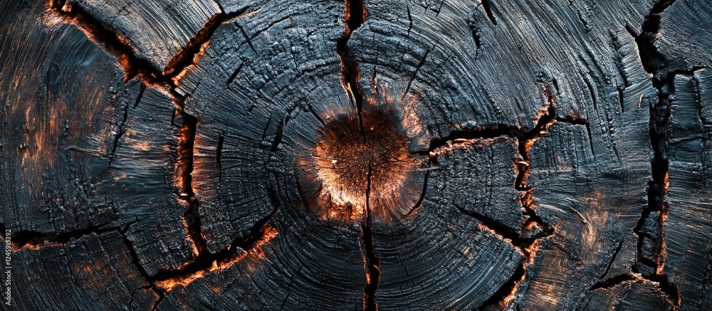 Poster Dark burned wood texture with intricate cracks and circular patterns evoking a rustic and weathered appearance for design backgrounds.