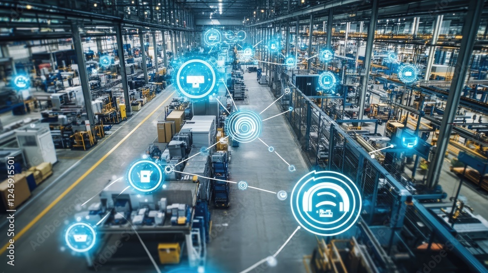 Poster Aerial view of sensor nodes in a manufacturing facility with visual connections indicating the speed and coverage of 5G networks in action.