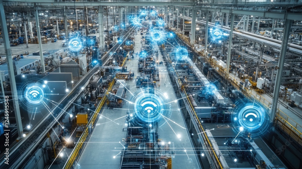 Poster Aerial view of sensor nodes in a manufacturing facility with visual connections indicating the speed and coverage of 5G networks in action.