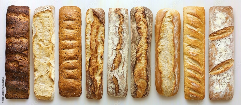 Poster assorted artisan bread loaves presenting diverse textures and colors perfect for background or culin
