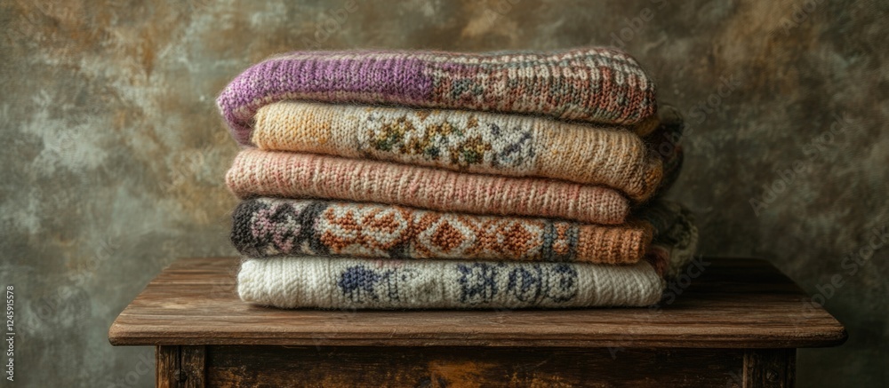 Aufkleber Folded stack of knitted pastel sweaters with various patterns placed on a rustic wooden table against a textured grungy background