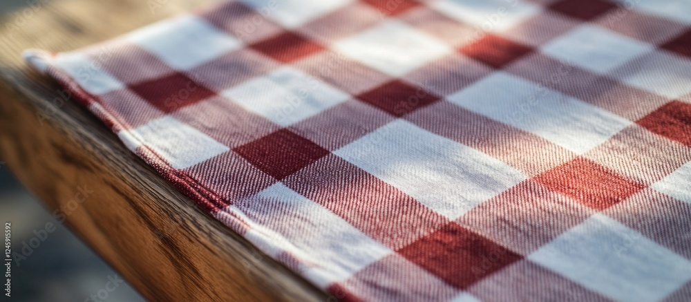 Poster Red and white checked pattern tablecloth on wooden surface in soft natural light creating a warm and inviting atmosphere