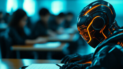 futuristic AI robot teaches students in classroom setting, showcasing advanced technology and learning. atmosphere is focused and engaging, highlighting integration of robotics in education