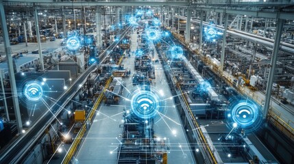 Obraz premium Aerial view of sensor nodes in a manufacturing facility with visual connections indicating the speed and coverage of 5G networks in action.