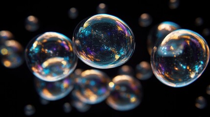 Naklejka premium Floating iridescent bubbles with vibrant colors on a dark background creating a mesmerizing abstract effect