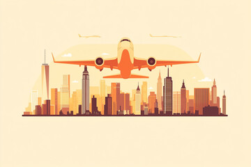 Obraz premium Image of an airplane flying over the city skyline