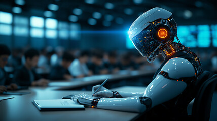 futuristic robot teaching in classroom filled with students, showcasing advanced technology and learning. robot is engaged in writing, highlighting integration of AI in education
