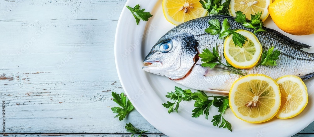 Poster fresh bream fish garnished with lemon slices and parsley on a white plate ready for cooking on rusti