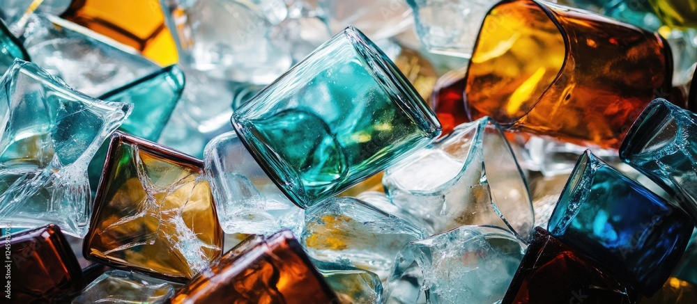 Poster colorful shattered glass bottles texture creating a vibrant abstract background ideal for design and