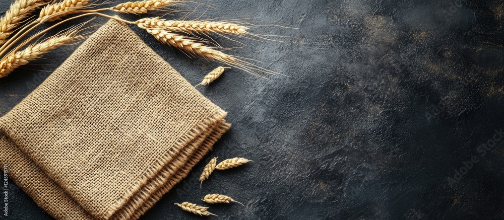Poster Burlap napkin with ears of wheat on a dark textured background top view with ample copyspace for rustic design or food related content