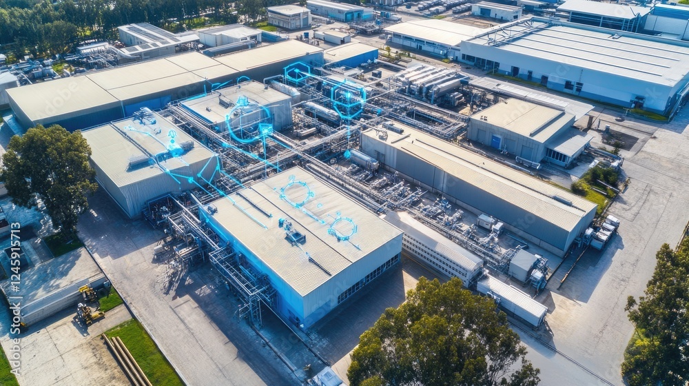 Aufkleber Aerial view of sensor nodes in a manufacturing facility with visual connections indicating the speed and coverage of 5G networks in action.
