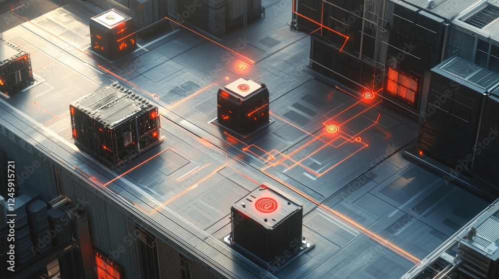Poster Aerial view of sensor nodes in a manufacturing facility with visual connections indicating the speed and coverage of 5G networks in action.