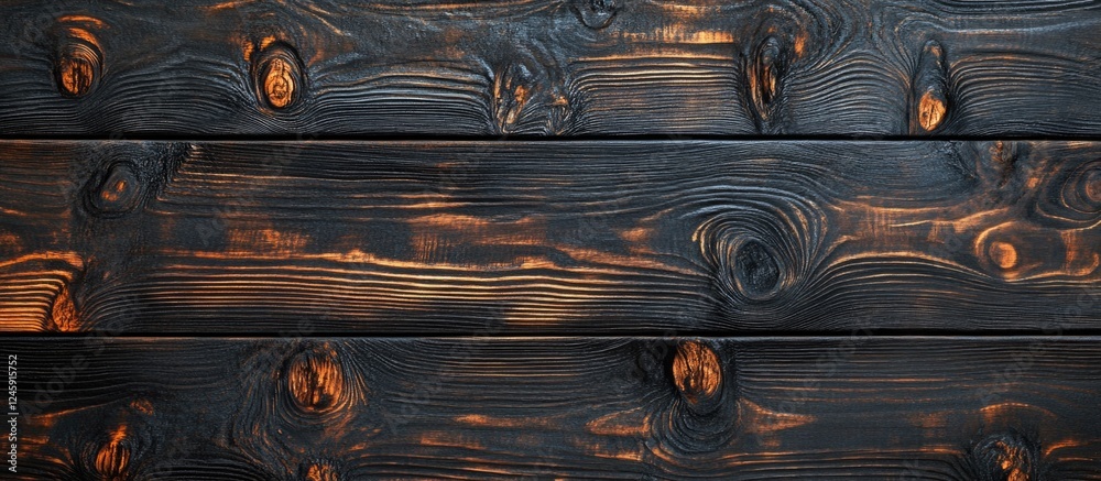 Aufkleber Dark charred wood texture with intricate grain patterns and highlights, perfect for backgrounds and design elements.