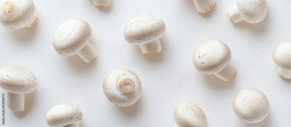 Poster fresh white mushrooms arranged aesthetically on a clean white background showcasing their natural te